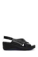 Women's Black Wedge Heeled Leather Comfort Sandals with Ankle Strap | Derimod