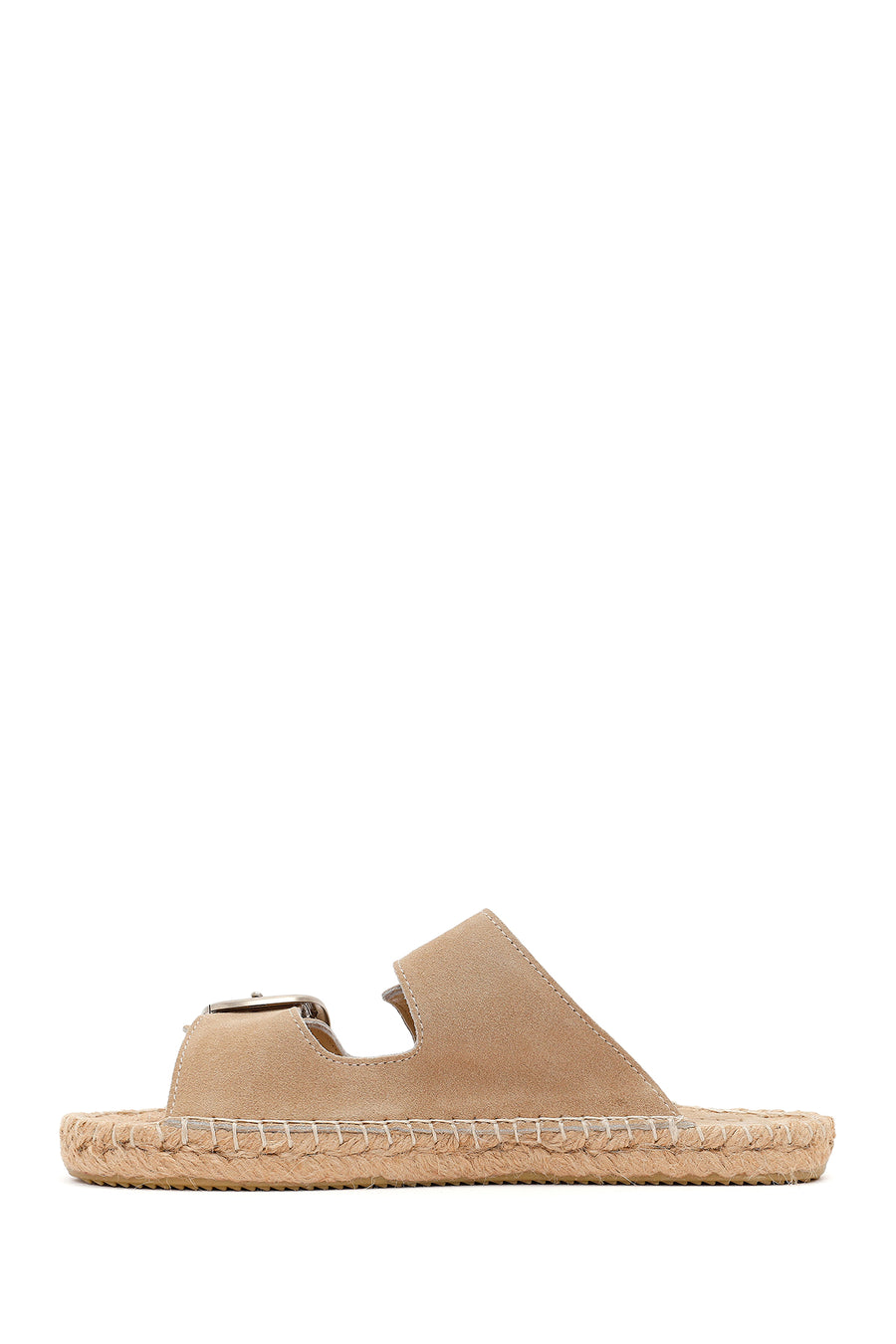 Women's Beige Buckled Suede Leather Espadrille Slippers