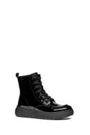 Geox Girls Black Phaolae Lace-Up Zipper Detailed Leather Combat Boots | Derimod