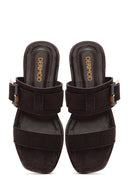 Women's Brown Buckled Suede Leather Slippers | Derimod