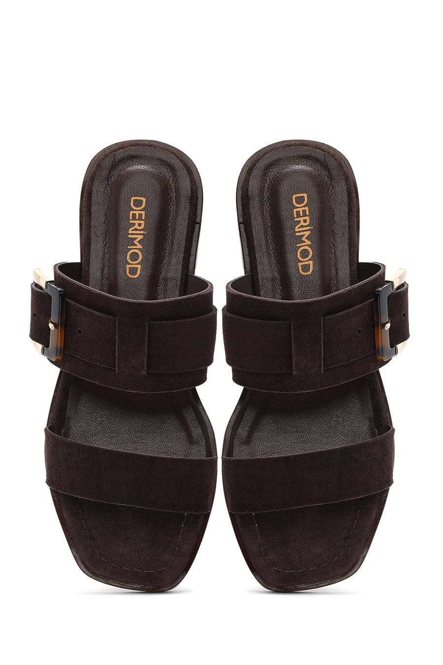 Woman Brown Buckled Suede Leather Slippers