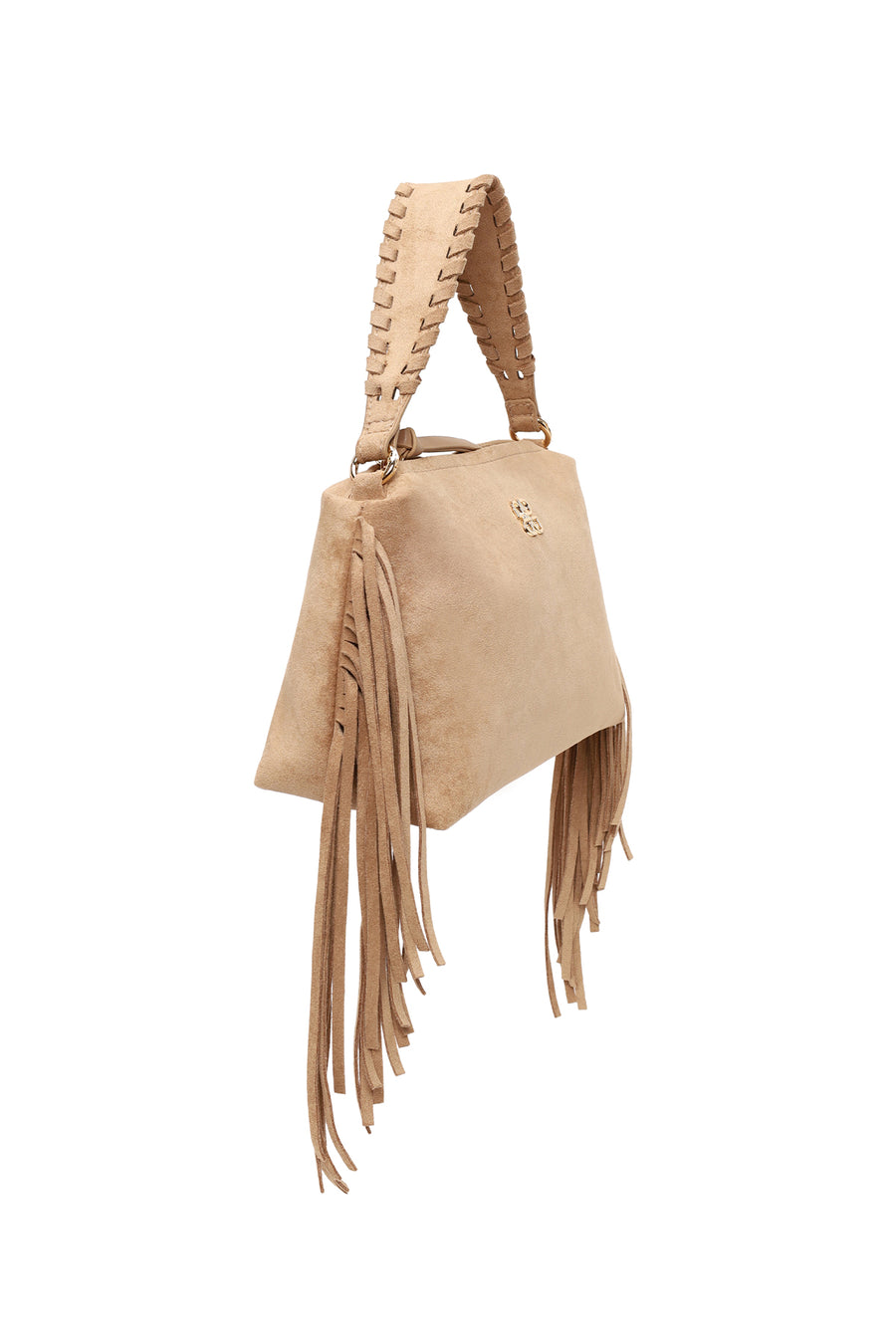 Woman Beige Suede Shoulder Bag with Long Chain Strap and Tassel