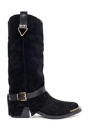 Woman Black Thick-Heeled Suede Leather Cowboy Boots | Derimod