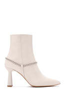 Women's Beige Leather Zippered Chain Heeled Classic Boots | Derimod