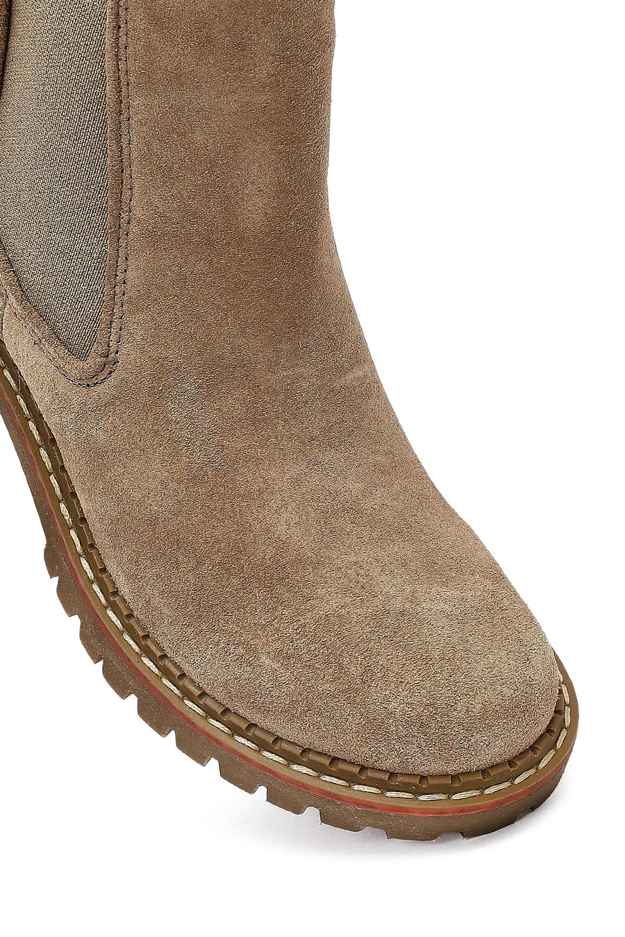 Woman Beige Thick-Heeled Suede Casual Chelsea Boots