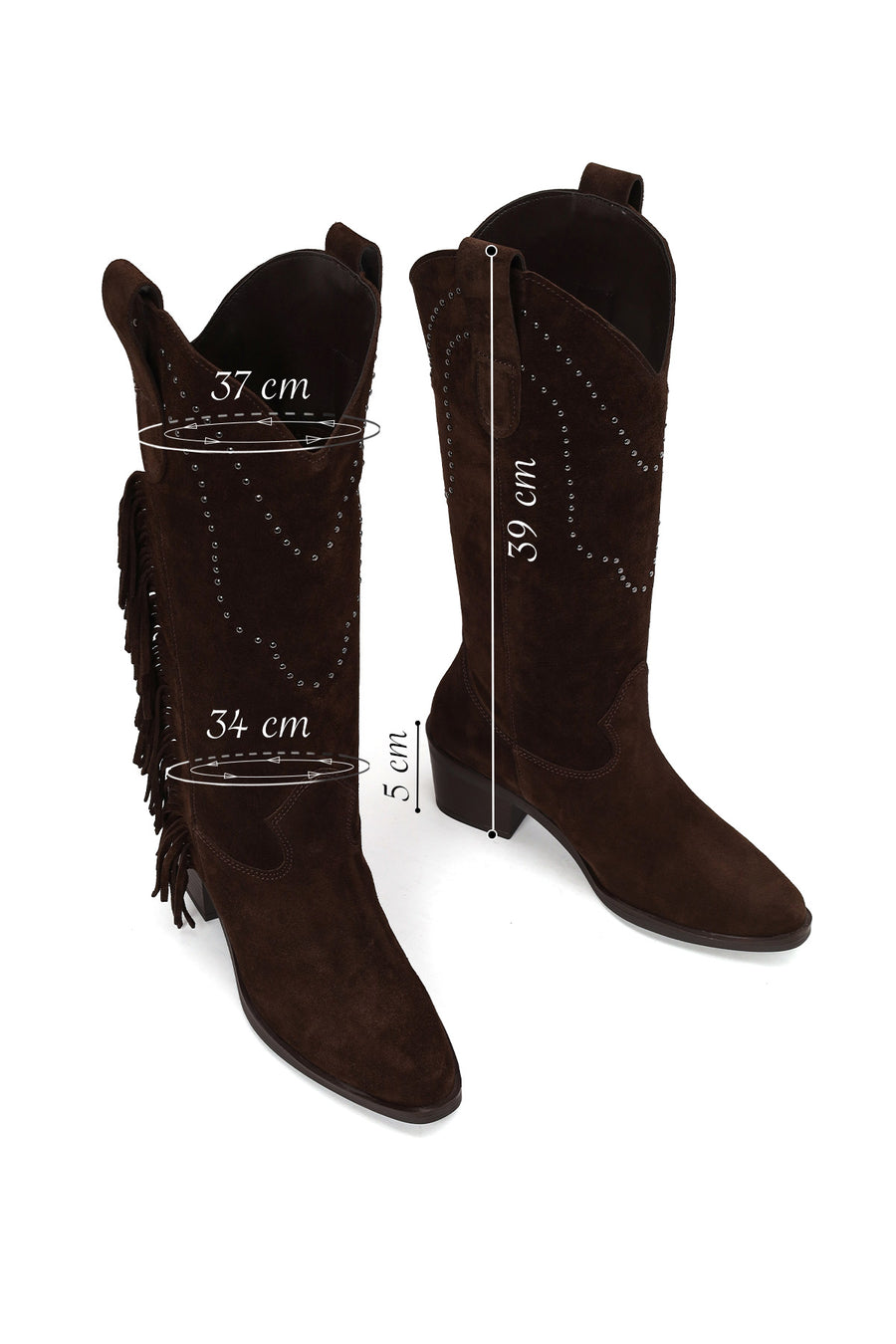 Woman Brown Tassel Chunky-Heeled Suede Leather Cowboy Boots
