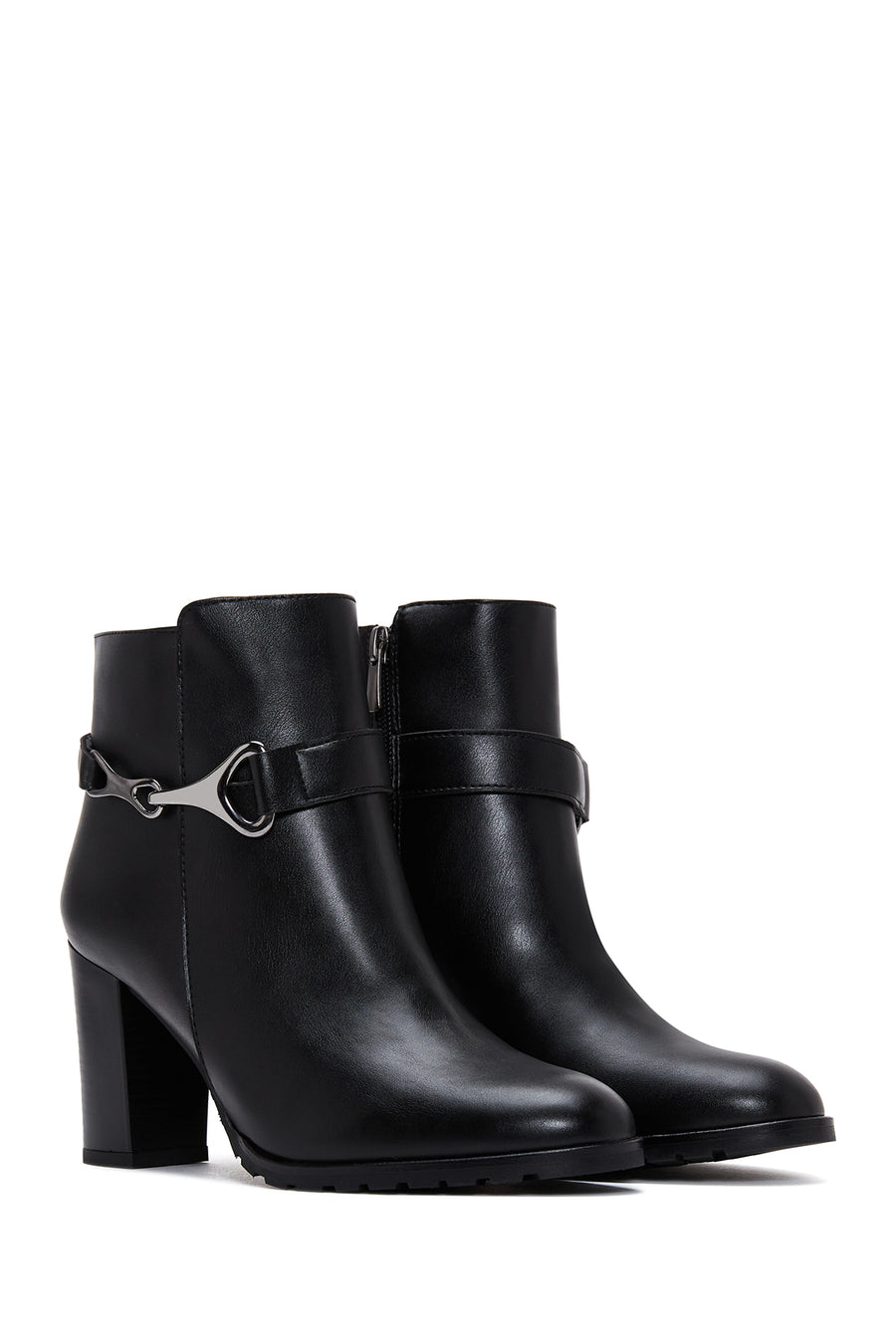 Women's Black Zippered Buckle Heeled Boots