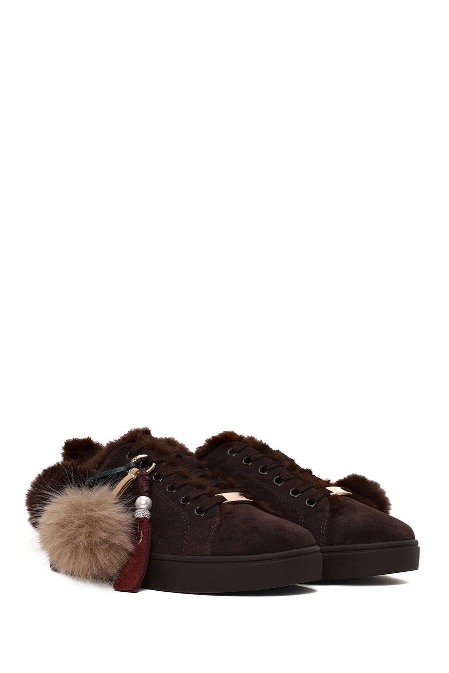 Woman Brown Lace-Up Charmed Suede Teddy Sneaker