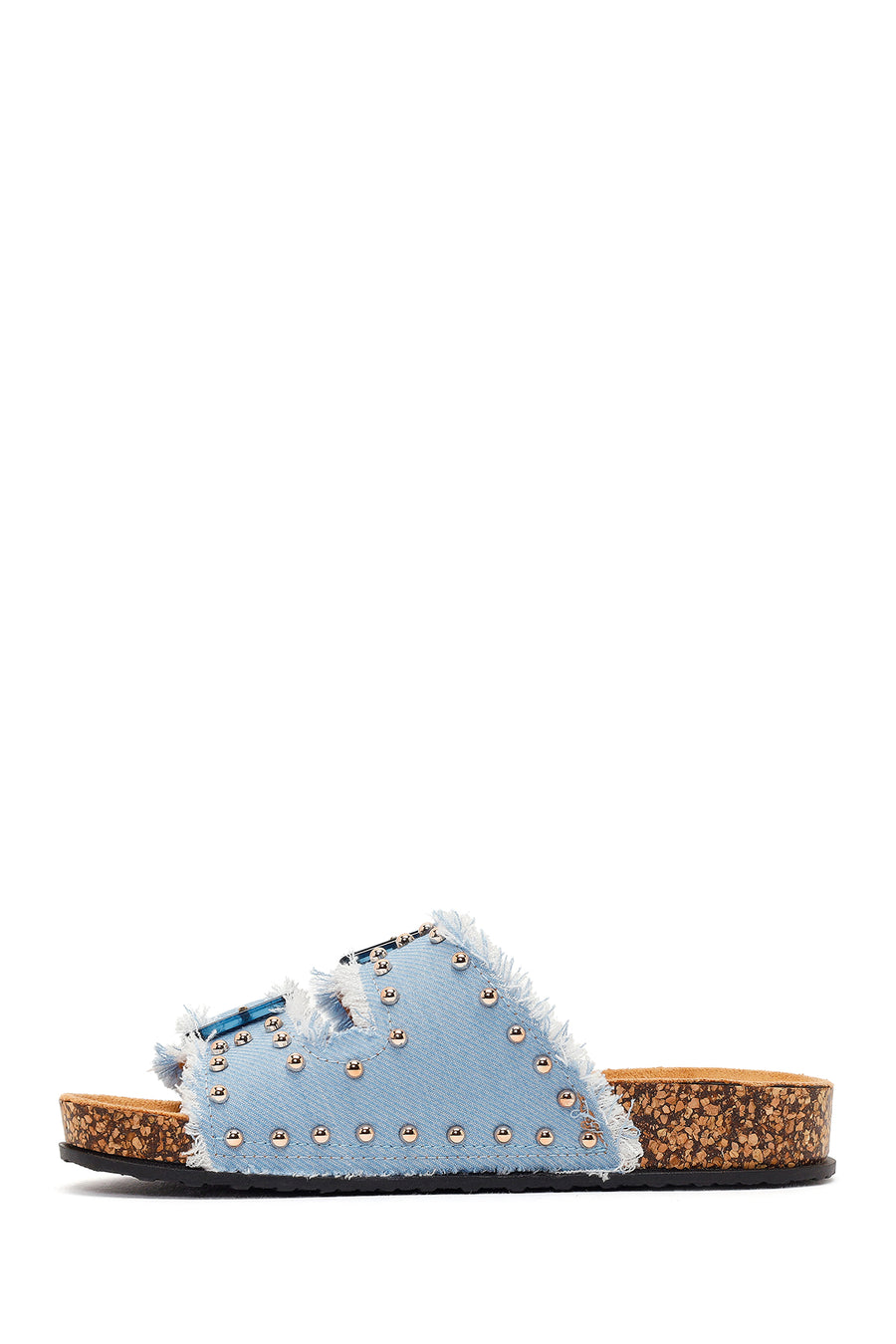 Women's Blue Double Buckle Studded Fabric Slippers