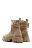 Women's Tan Suede Leather Buckle Zippered Boots | Derimod