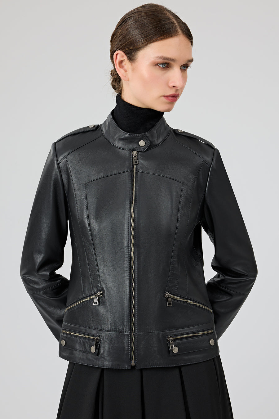 Nora Women's Black Stand Collar Short Leather Jacket