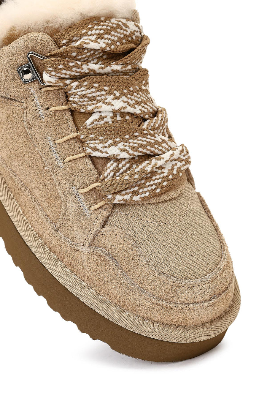 Woman Beige Lace-Up Thick-Soled Furry Suede Teddy Sneaker