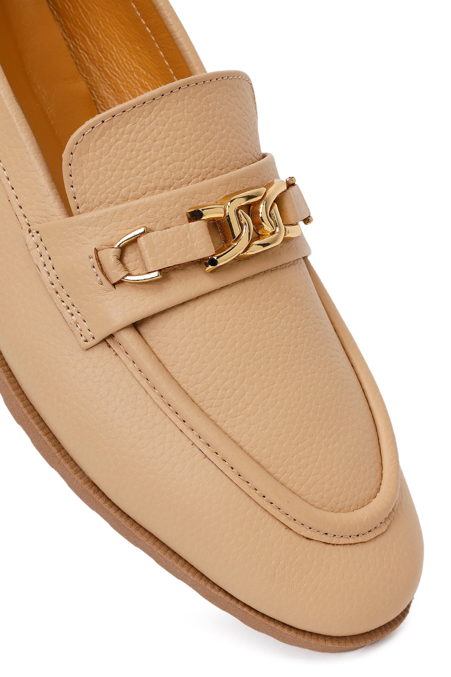 Woman Beige Buckled Masculine Leather Loafer