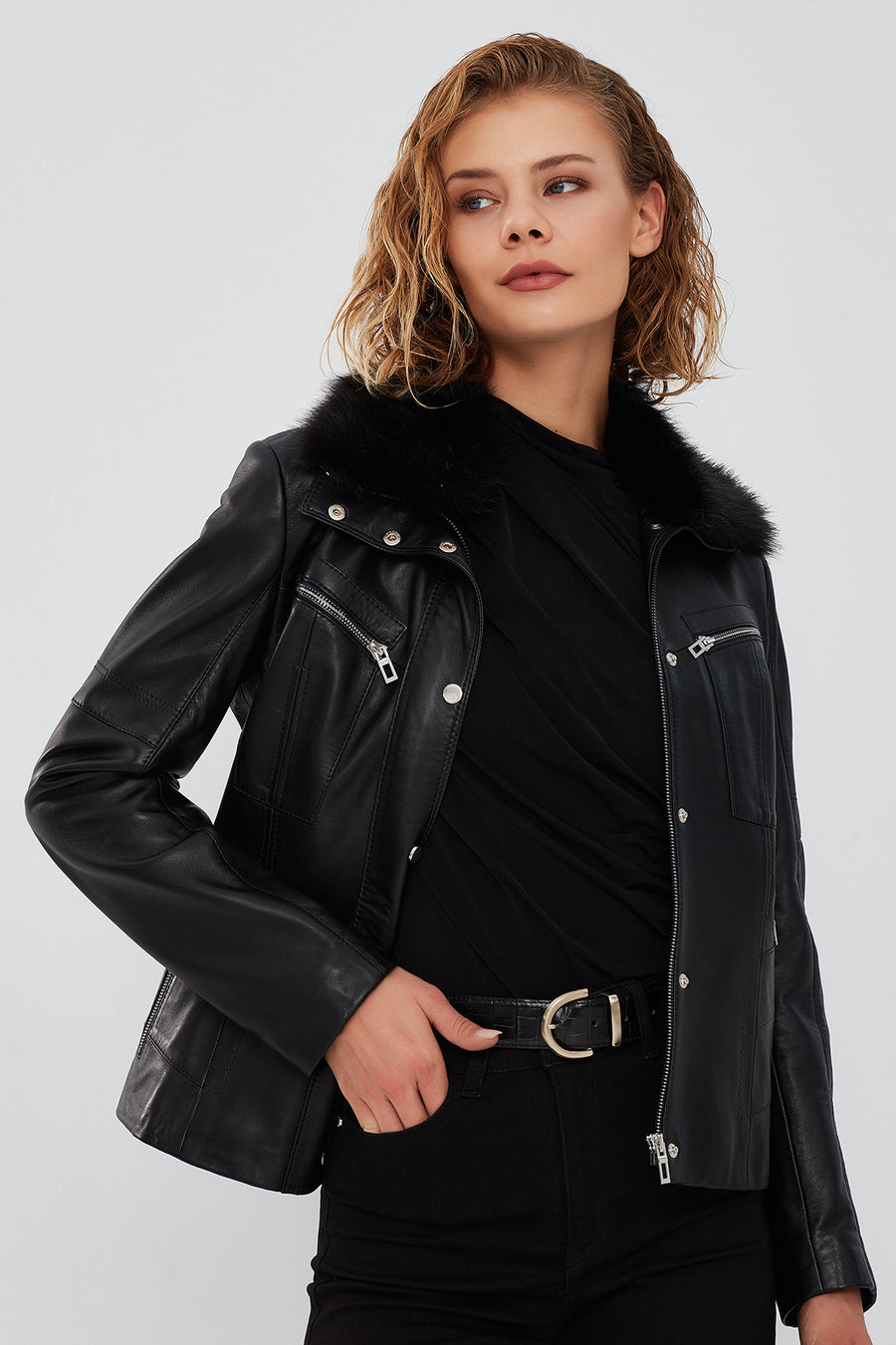 Vivien Women's Black Fur Collar Leather Jacket