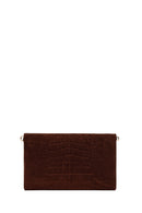 Woman Brown Printed Suede Clutch Bag with Long Chain Strap | Derimod
