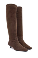 Women's Brown Thin Low Heel Suede Leather Boots | Derimod