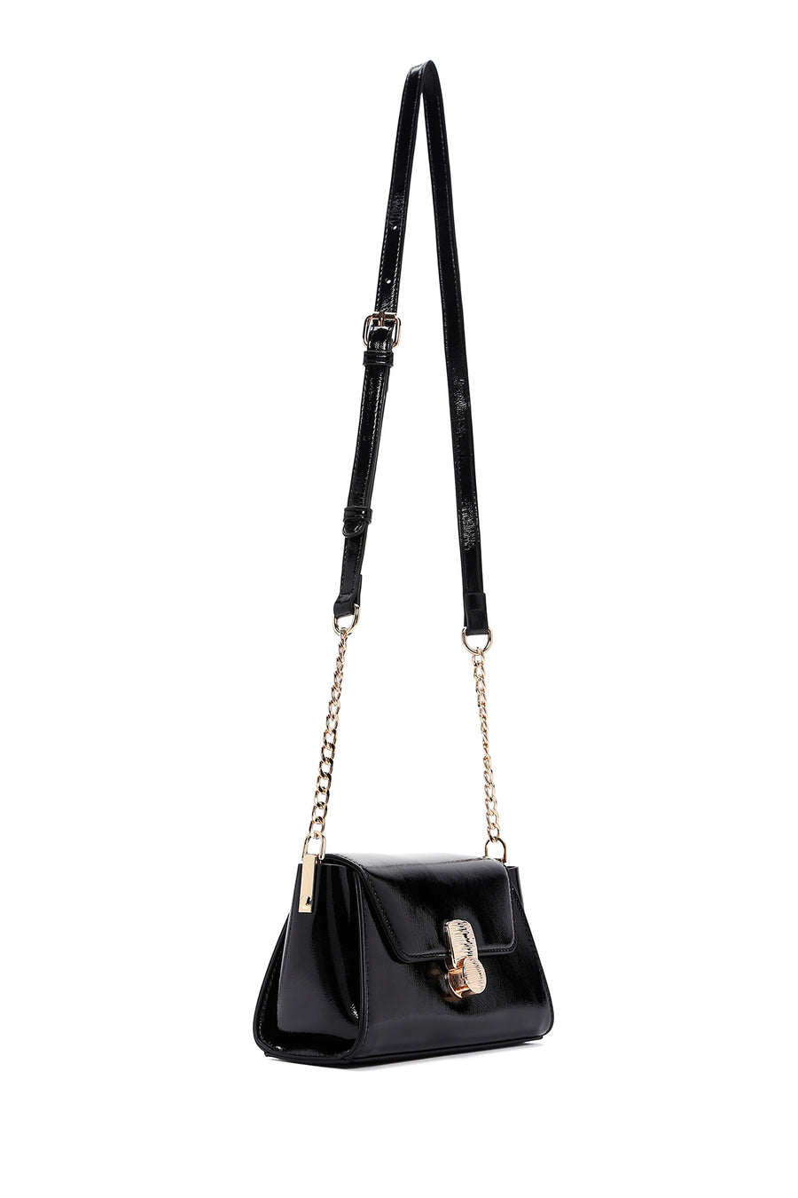 Woman Black Long-Strap Patent Leather Mini Crossbody Bag