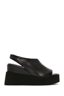 Women's Black Wedge Heeled Leather Sandals | Derimod