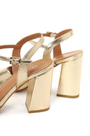 Women's Gold Ankle Buckle Chunky Heel Metallic Leather Sandals | Derimod