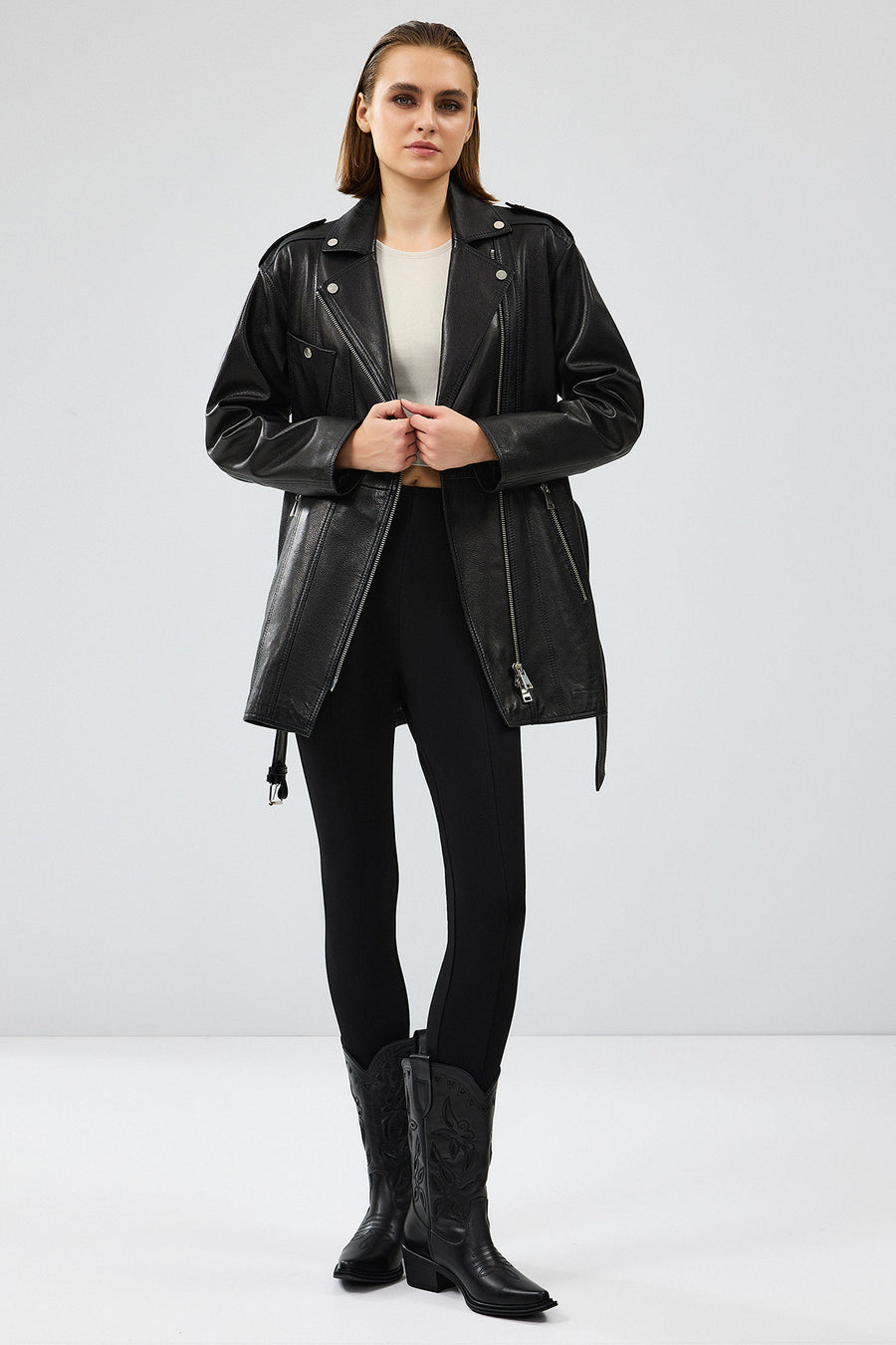 Venus Women's Black Double Breasted Leather Jacket