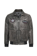 Hurricane Men's Grey Fur Collar Pilot Leather Jacket with Emblem | Derimod