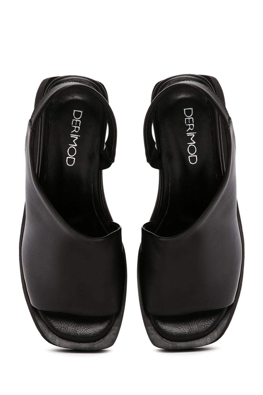 Women's Black Wedge Heeled Leather Sandals