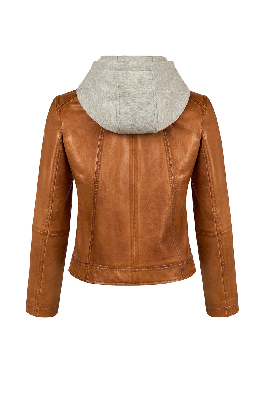 Magic Woman Brown Hooded Short Sport Leather Jacket