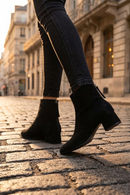 Woman Black Zip Closure Short Thick Heeled Suede Boots | Derimod
