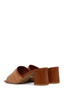 Women's Tan Thick Short Heeled Straw Slippers | Derimod