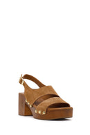Women's Tan Suede Leather Sandals with Buckle Back and Platform Heel | Derimod