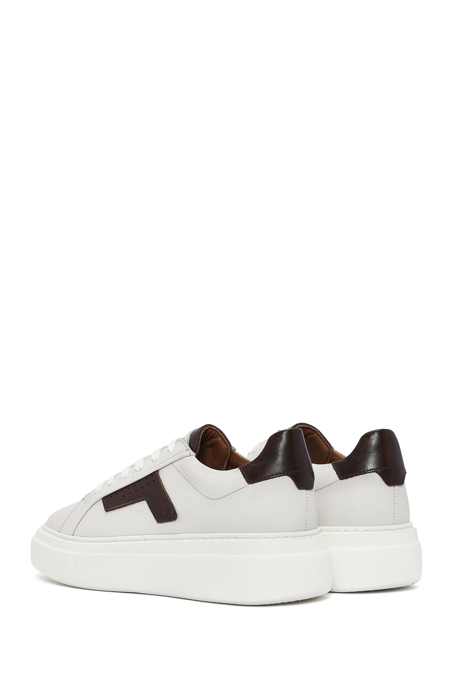 Men's White Lace-up Thick-Sole Leather Sneaker