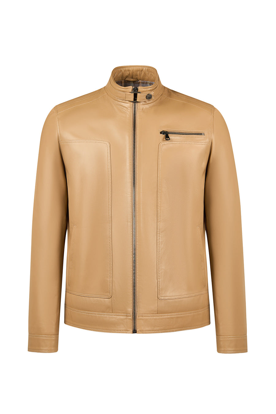 Felibe Male Beige Mandarin Collar Leather Jacket 26SGE64321M | Derimod