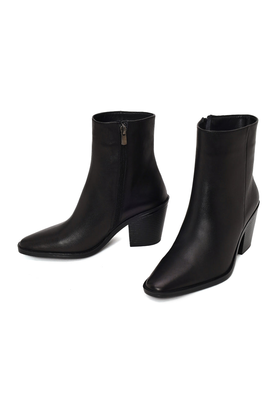 Woman Black Zip Closure Thick-Heeled Leather Boots