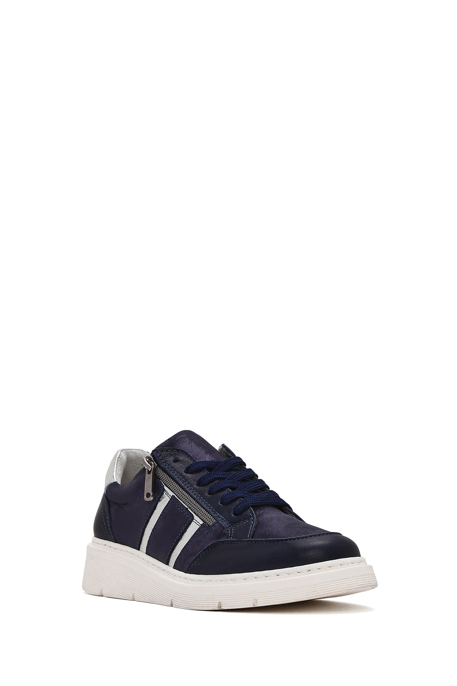 Women's Navy Blue Lace-Up Thick-Soled Leather Casual Shoes