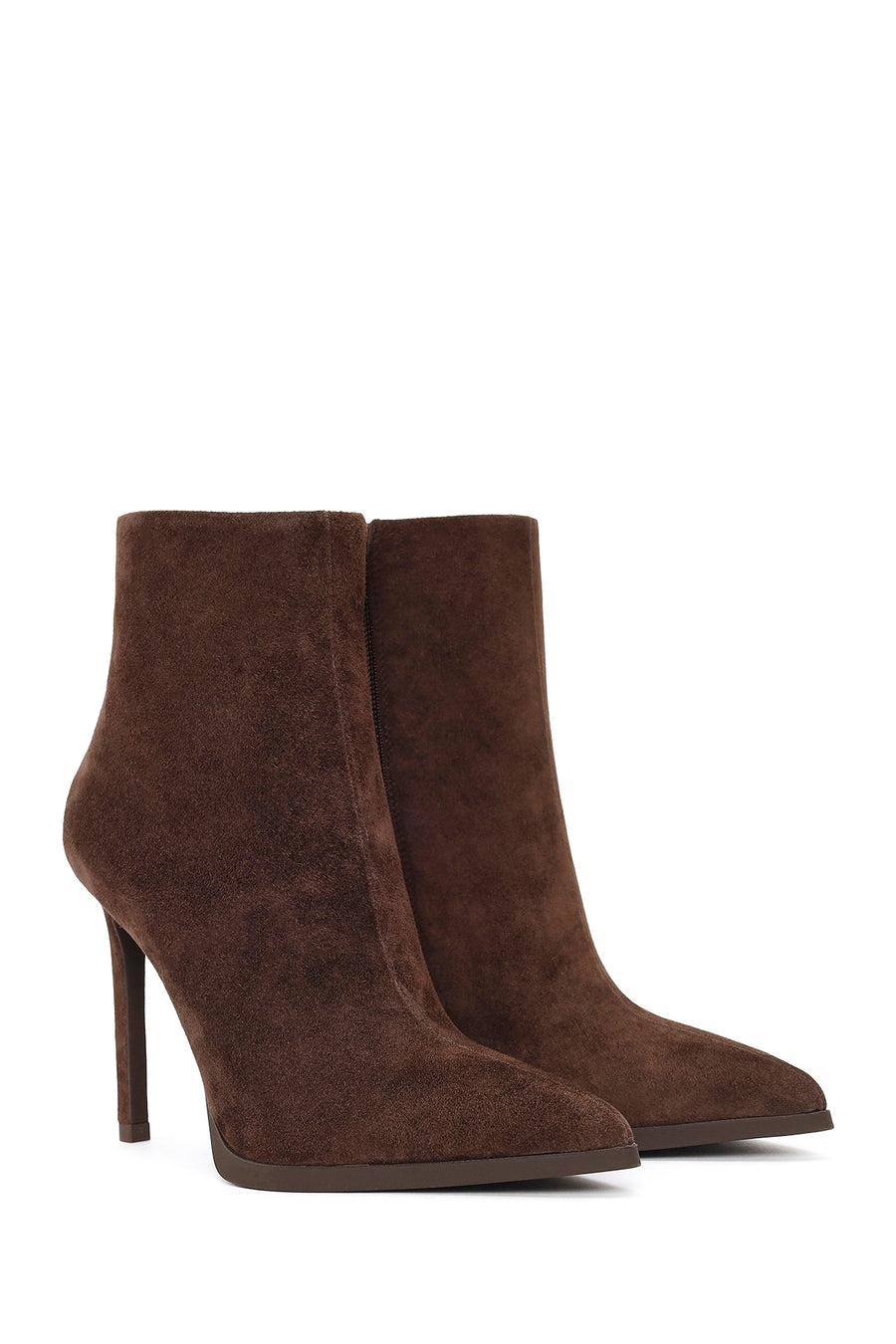Woman Brown Zip Closure High Thin Heeled Suede Boots