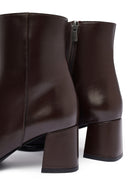 Woman Brown Zip Closure Chunky Heeled Leather Boots | Derimod