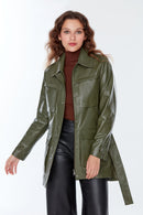 Anastasia Women's Khaki Long Leather Jacket | Derimod