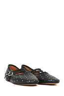 Woman Black Double-Buckle Embellished Leather Ballerine Shoes | Derimod