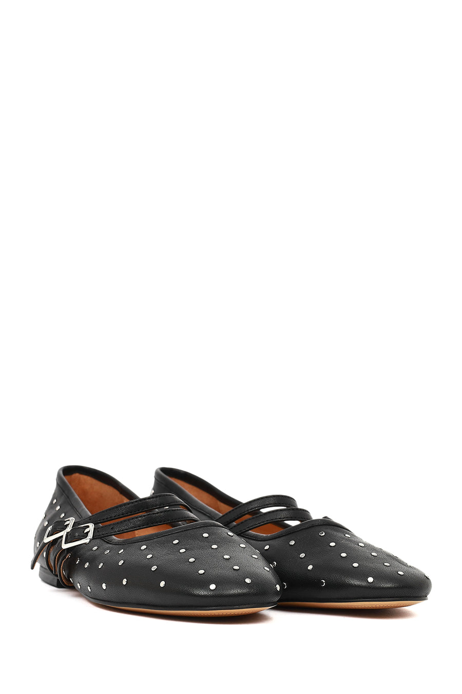 Woman Black Double-Buckle Embellished Leather Ballerine Shoes