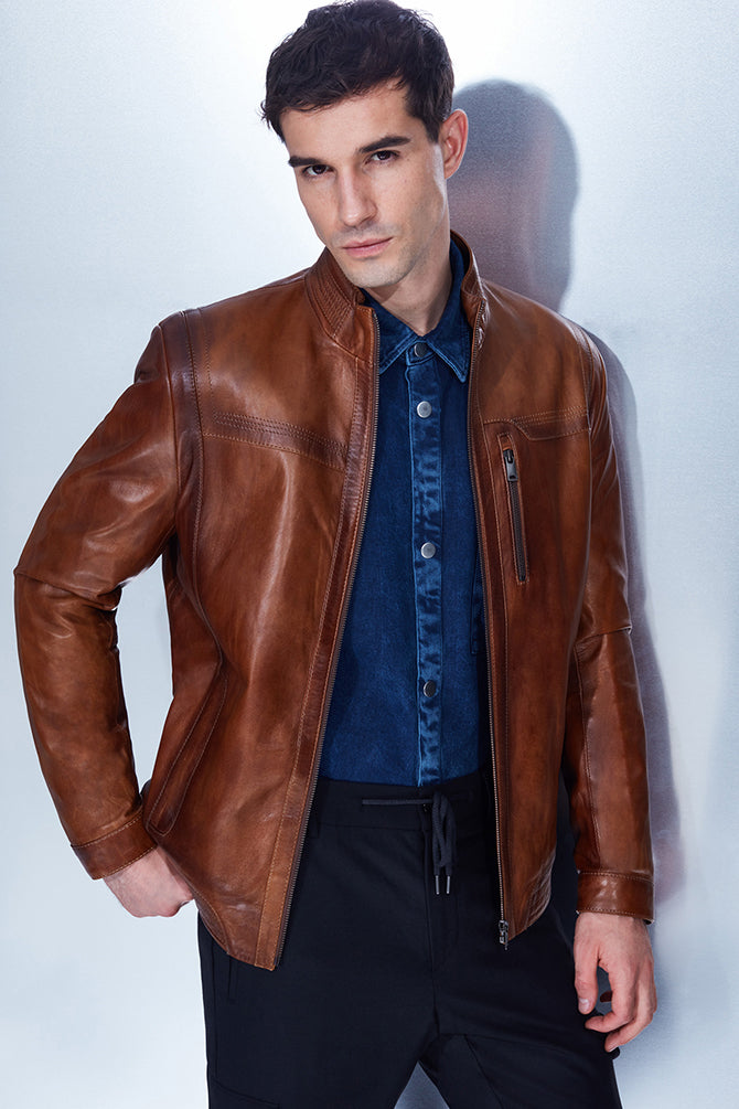 Oscar Men's Camel Leather Jacket 22SGE6433NC | Derimod