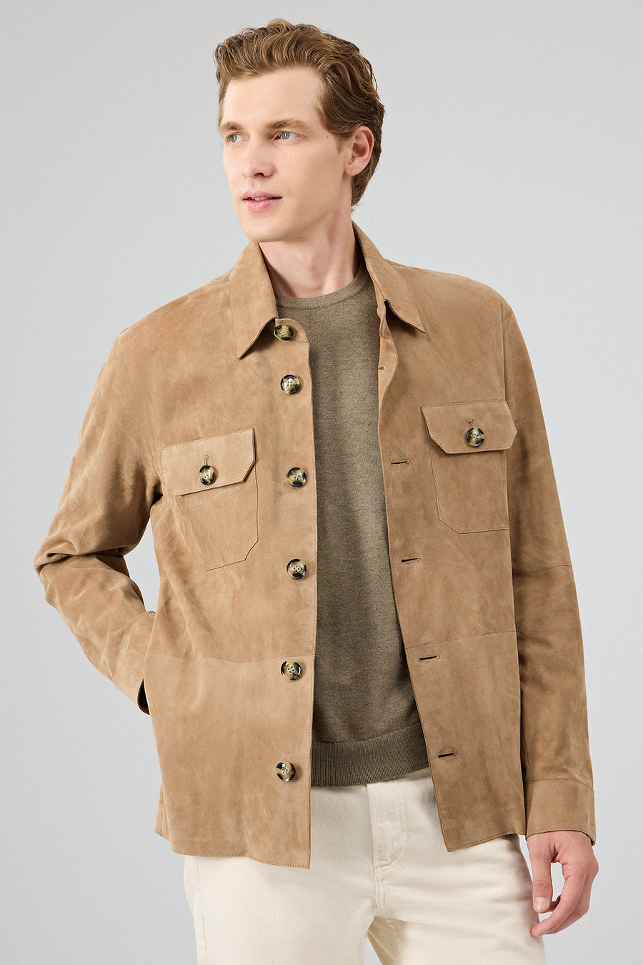 Osimhen Men's Beige Shirt Collar Suede Leather Jacket