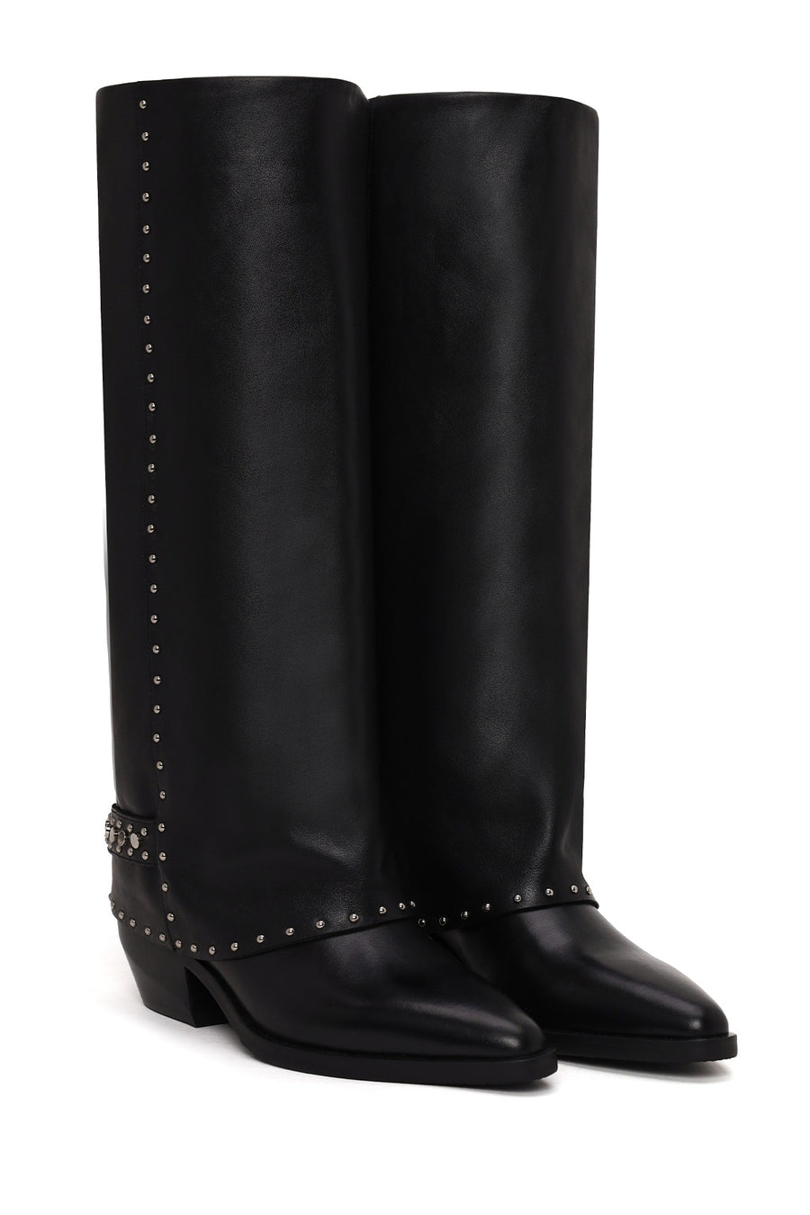 Woman Black Studded Chunky-Heeled Leather Cowboy Boots