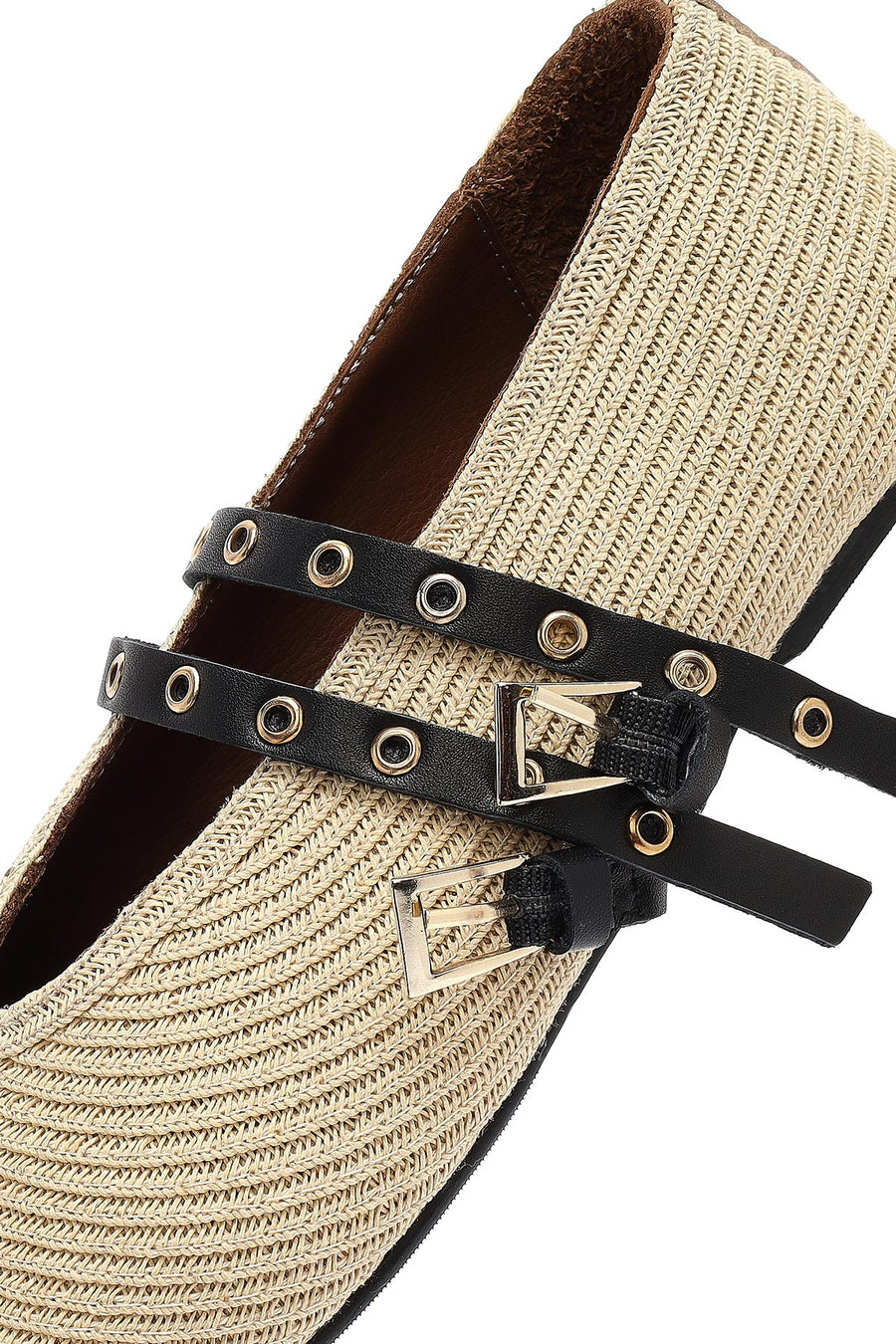 Women's Beige Double Buckled Straw Leather Ballerinas