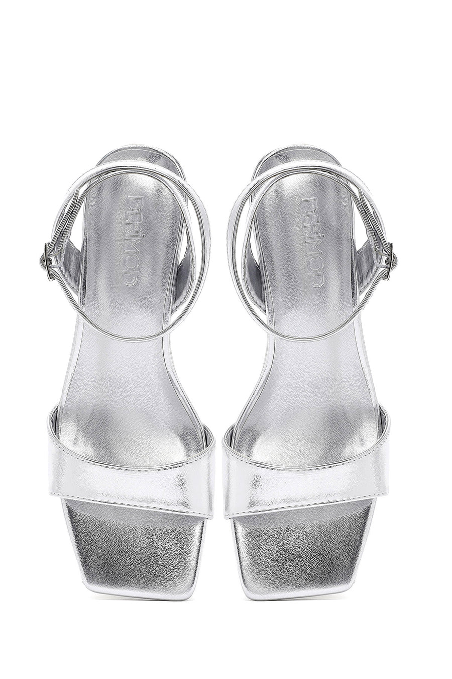 Women's Silver Ankle Buckle Chunky Heel Metallic Sandals