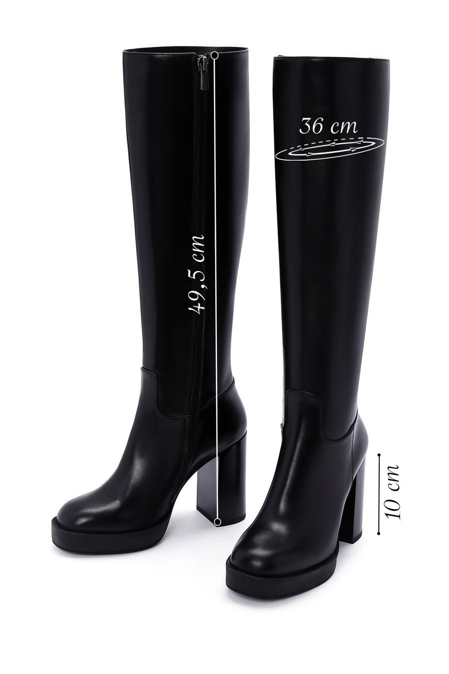 Women's Black Thick Heeled Zippered Leather Boots