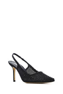 Woman Black Jeweled Open-Back Thin-Heeled Leather Shoes | Derimod