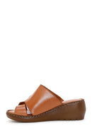 Women's Tan Leather Wedge Heel Comfort Slippers | Derimod