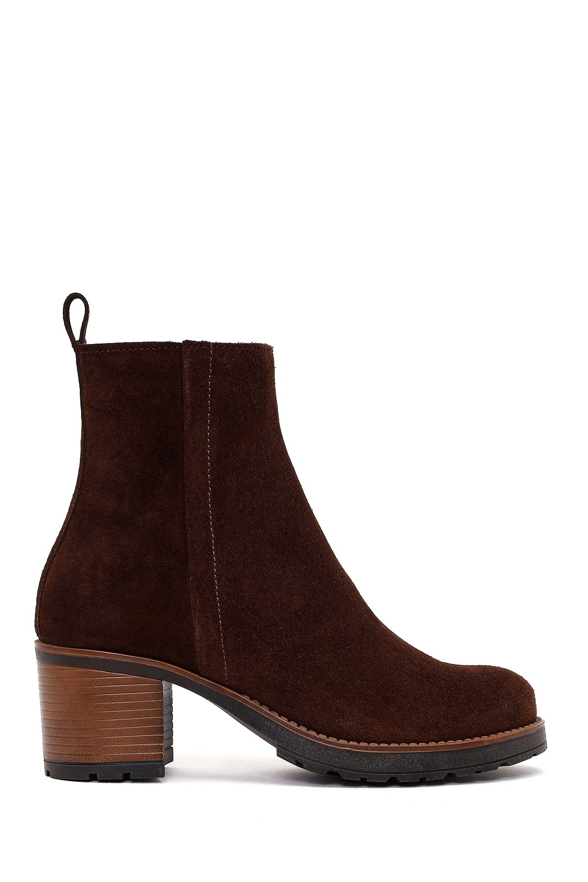Woman Brown Zip Closure Chunky Heeled Suede Casual Boots WF190061DS | Derimod
