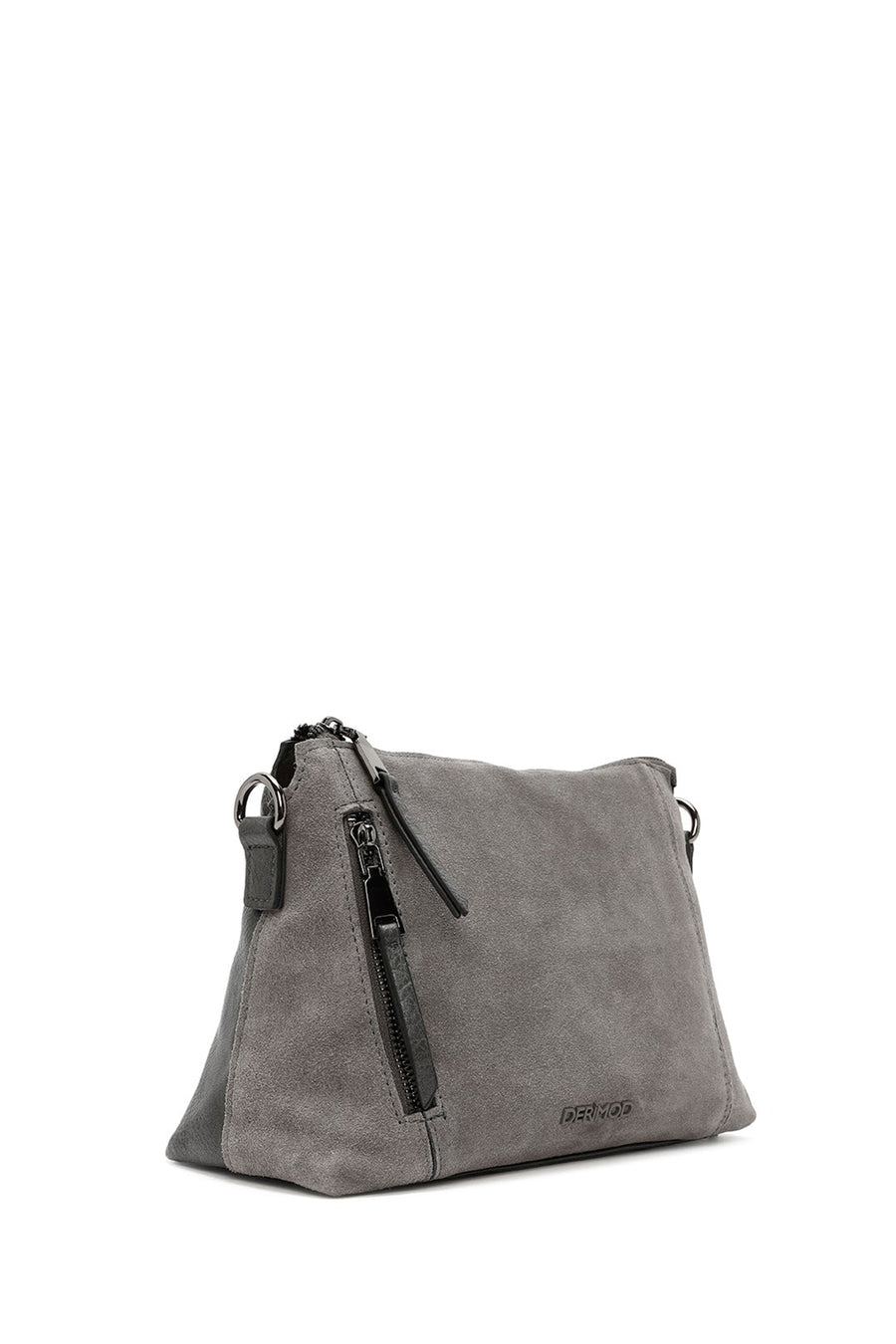 Woman Gray Long-Strap Suede Crossbody Bag