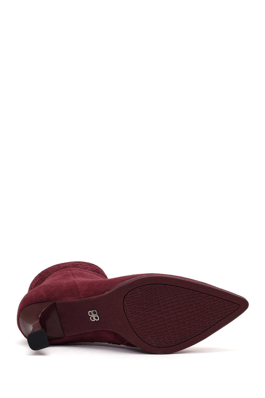 Woman Burgundy Zip Closure Braided Slim-Heeled Suede Boots